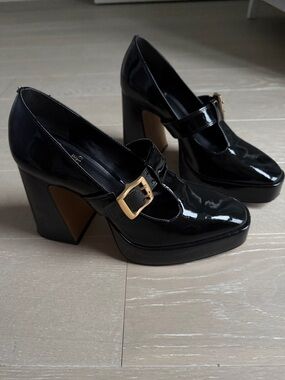 Vince Camuto Black Patent Mary Jane Block Heels with Gold Buckle